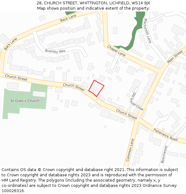 28, CHURCH STREET, WHITTINGTON, LICHFIELD, WS14 9JX: Location map and indicative extent of plot