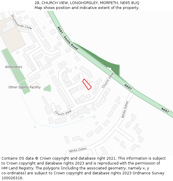 28, CHURCH VIEW, LONGHORSLEY, MORPETH, NE65 8UQ: Location map and indicative extent of plot