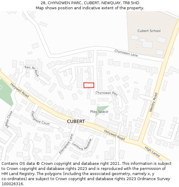 28, CHYNOWEN PARC, CUBERT, NEWQUAY, TR8 5HD: Location map and indicative extent of plot