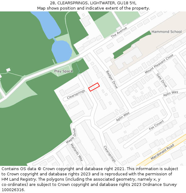 28, CLEARSPRINGS, LIGHTWATER, GU18 5YL: Location map and indicative extent of plot