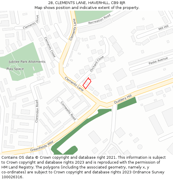 28, CLEMENTS LANE, HAVERHILL, CB9 8JR: Location map and indicative extent of plot