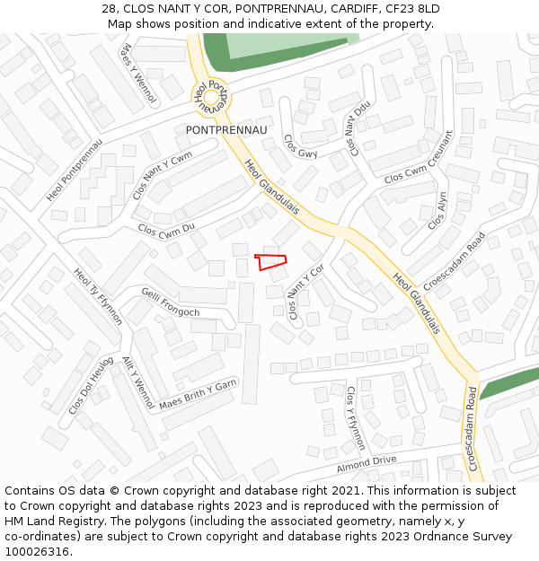 28, CLOS NANT Y COR, PONTPRENNAU, CARDIFF, CF23 8LD: Location map and indicative extent of plot