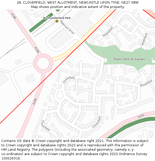 28, CLOVERFIELD, WEST ALLOTMENT, NEWCASTLE UPON TYNE, NE27 0BW: Location map and indicative extent of plot