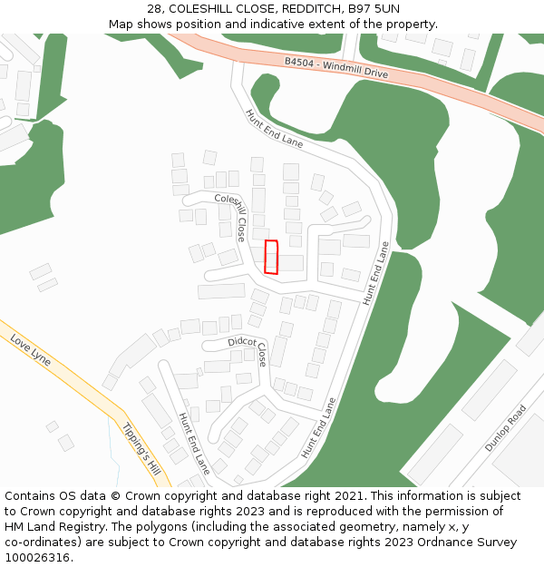 28, COLESHILL CLOSE, REDDITCH, B97 5UN: Location map and indicative extent of plot