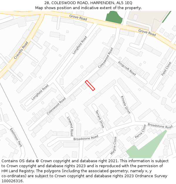 28, COLESWOOD ROAD, HARPENDEN, AL5 1EQ: Location map and indicative extent of plot