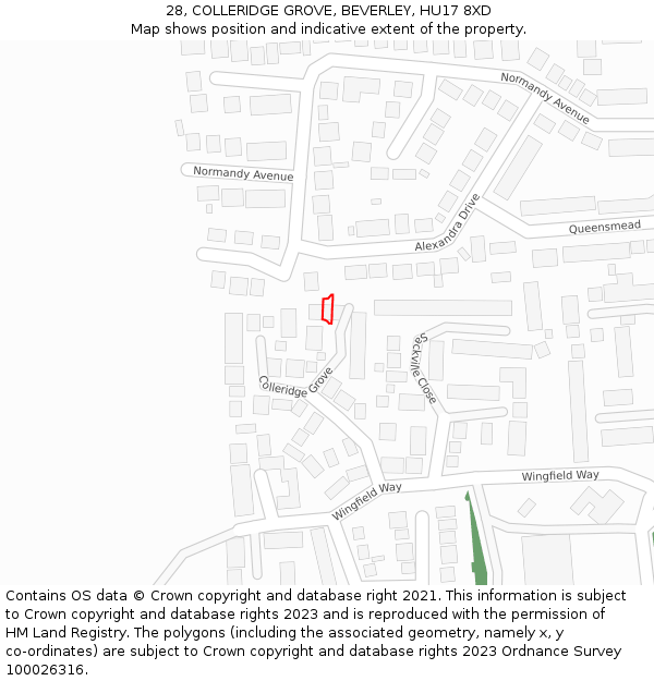 28, COLLERIDGE GROVE, BEVERLEY, HU17 8XD: Location map and indicative extent of plot