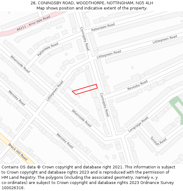 28, CONINGSBY ROAD, WOODTHORPE, NOTTINGHAM, NG5 4LH: Location map and indicative extent of plot