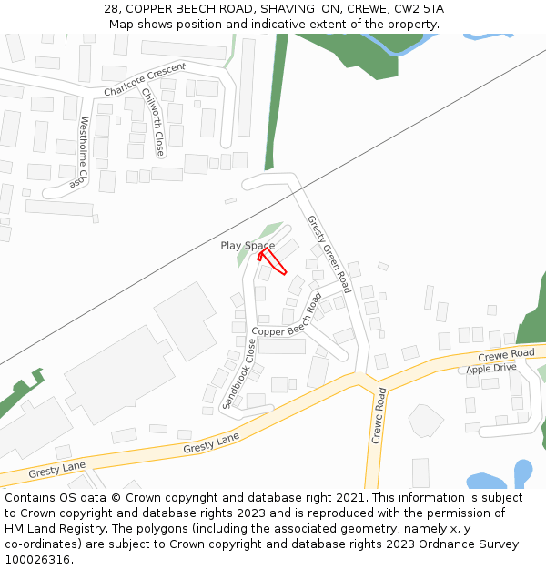 28, COPPER BEECH ROAD, SHAVINGTON, CREWE, CW2 5TA: Location map and indicative extent of plot