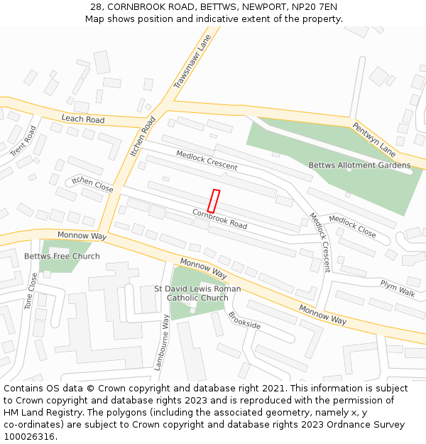 28, CORNBROOK ROAD, BETTWS, NEWPORT, NP20 7EN: Location map and indicative extent of plot