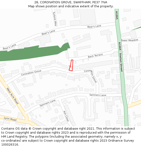 28, CORONATION GROVE, SWAFFHAM, PE37 7NA: Location map and indicative extent of plot