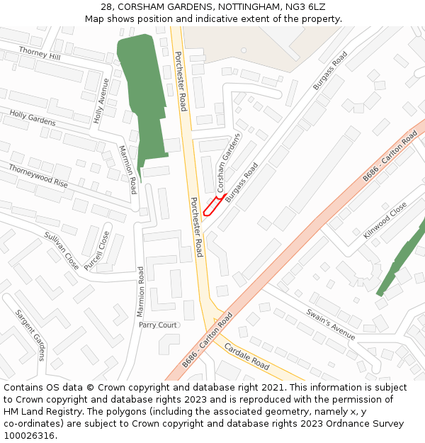 28, CORSHAM GARDENS, NOTTINGHAM, NG3 6LZ: Location map and indicative extent of plot