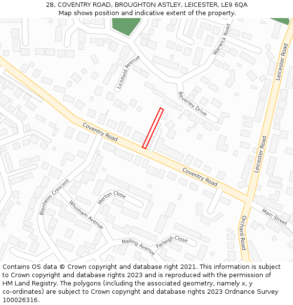 28, COVENTRY ROAD, BROUGHTON ASTLEY, LEICESTER, LE9 6QA: Location map and indicative extent of plot