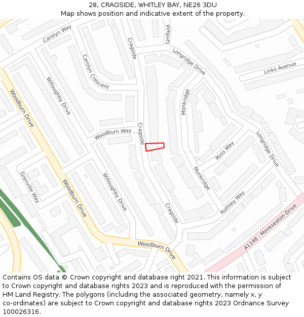 28, CRAGSIDE, WHITLEY BAY, NE26 3DU: Location map and indicative extent of plot