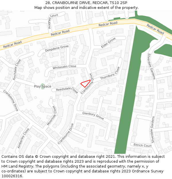 28, CRANBOURNE DRIVE, REDCAR, TS10 2SP: Location map and indicative extent of plot