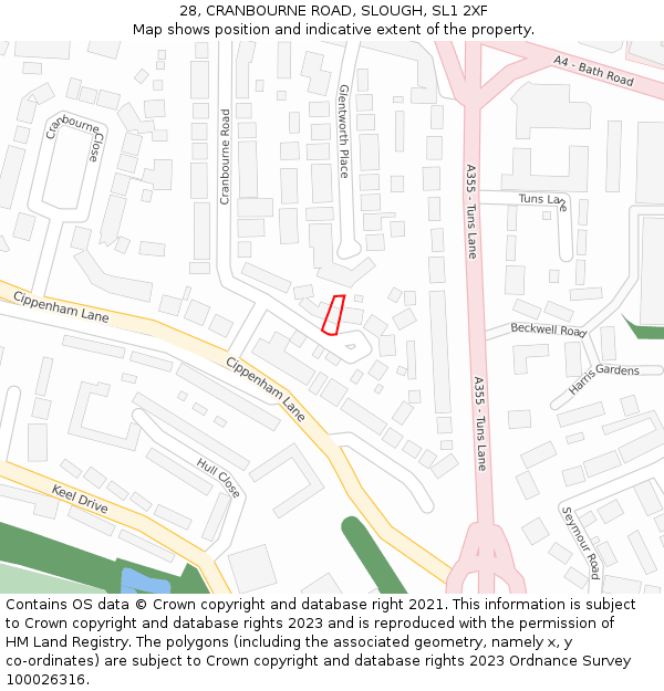 28, CRANBOURNE ROAD, SLOUGH, SL1 2XF: Location map and indicative extent of plot