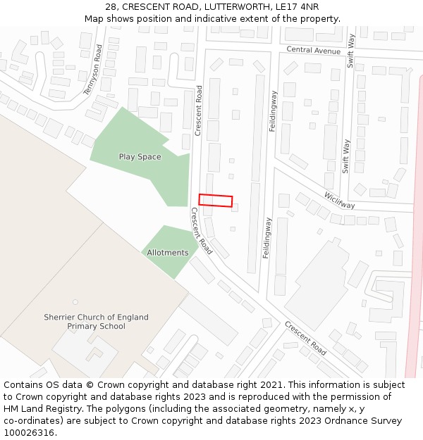 28, CRESCENT ROAD, LUTTERWORTH, LE17 4NR: Location map and indicative extent of plot