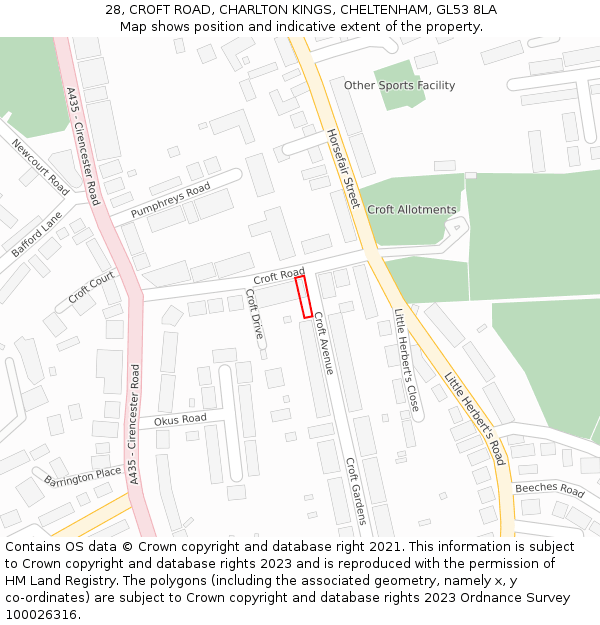 28, CROFT ROAD, CHARLTON KINGS, CHELTENHAM, GL53 8LA: Location map and indicative extent of plot