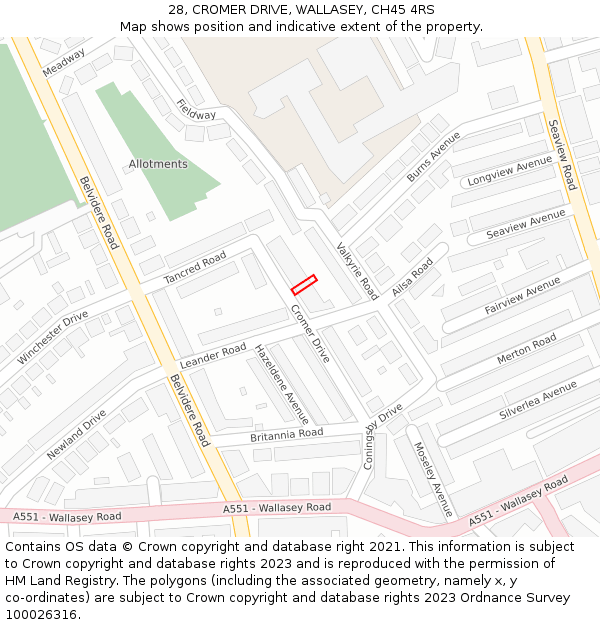 28, CROMER DRIVE, WALLASEY, CH45 4RS: Location map and indicative extent of plot