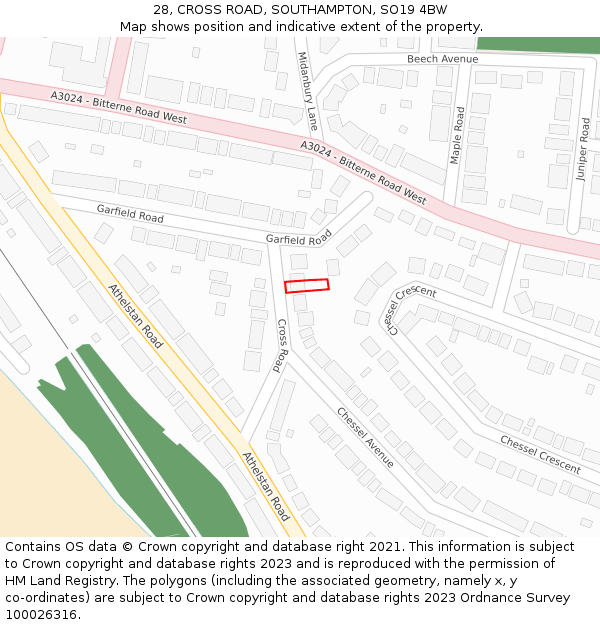 28, CROSS ROAD, SOUTHAMPTON, SO19 4BW: Location map and indicative extent of plot