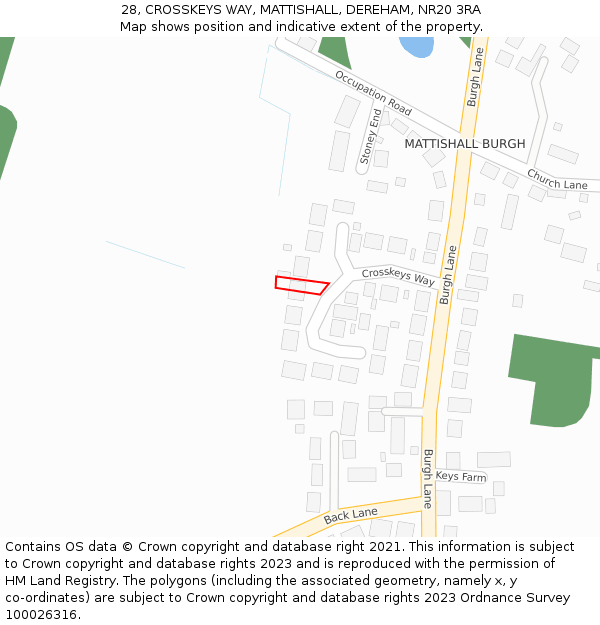 28, CROSSKEYS WAY, MATTISHALL, DEREHAM, NR20 3RA: Location map and indicative extent of plot