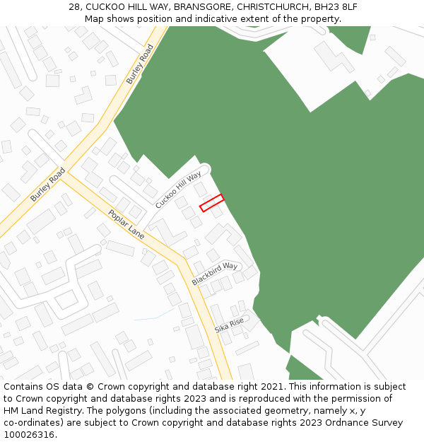 28, CUCKOO HILL WAY, BRANSGORE, CHRISTCHURCH, BH23 8LF: Location map and indicative extent of plot