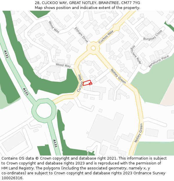 28, CUCKOO WAY, GREAT NOTLEY, BRAINTREE, CM77 7YG: Location map and indicative extent of plot