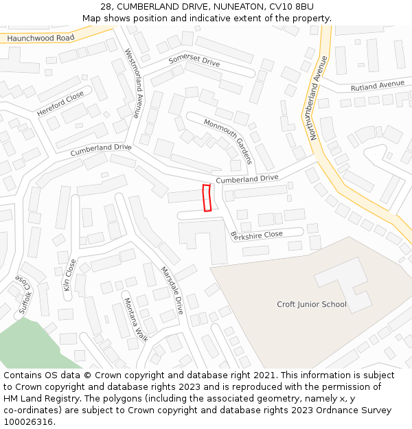 28, CUMBERLAND DRIVE, NUNEATON, CV10 8BU: Location map and indicative extent of plot