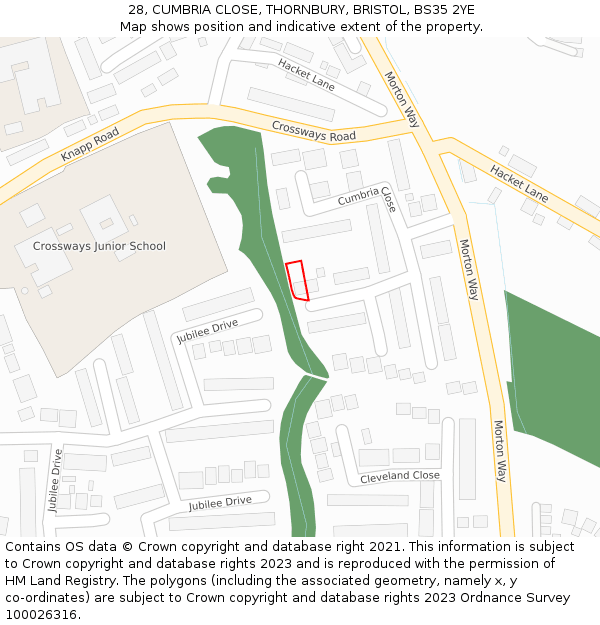 28, CUMBRIA CLOSE, THORNBURY, BRISTOL, BS35 2YE: Location map and indicative extent of plot