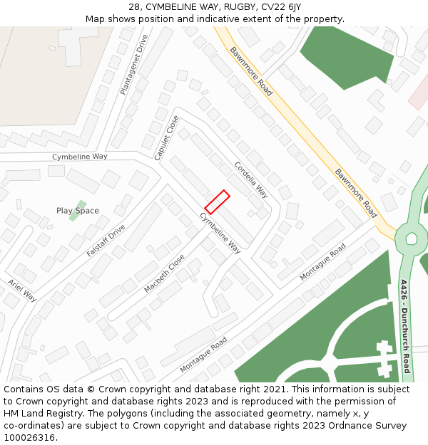 28, CYMBELINE WAY, RUGBY, CV22 6JY: Location map and indicative extent of plot