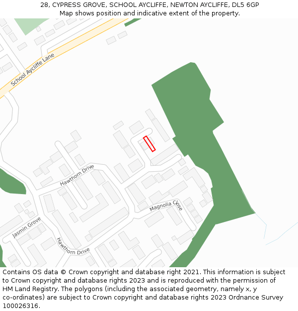 28, CYPRESS GROVE, SCHOOL AYCLIFFE, NEWTON AYCLIFFE, DL5 6GP: Location map and indicative extent of plot