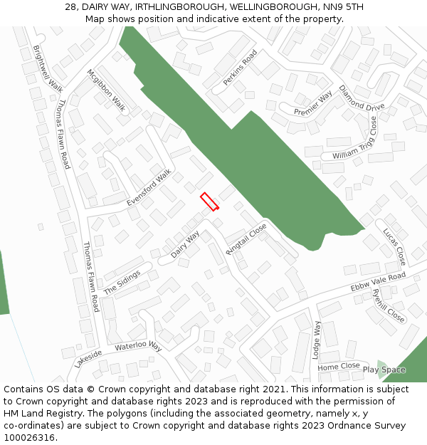 28, DAIRY WAY, IRTHLINGBOROUGH, WELLINGBOROUGH, NN9 5TH: Location map and indicative extent of plot