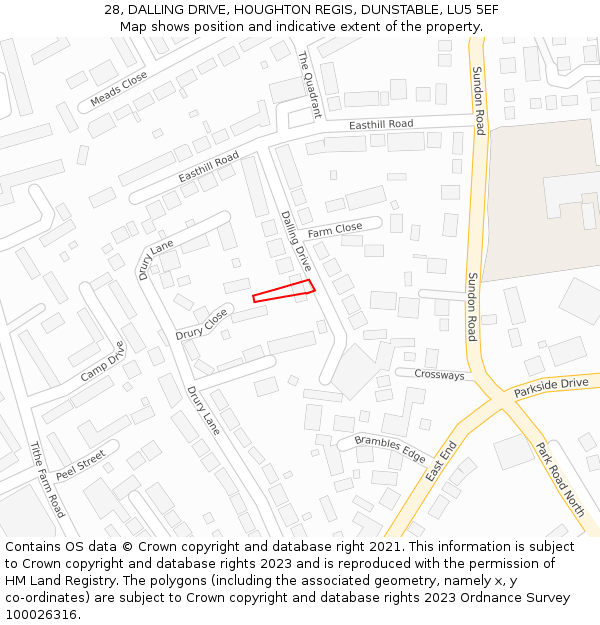 28, DALLING DRIVE, HOUGHTON REGIS, DUNSTABLE, LU5 5EF: Location map and indicative extent of plot