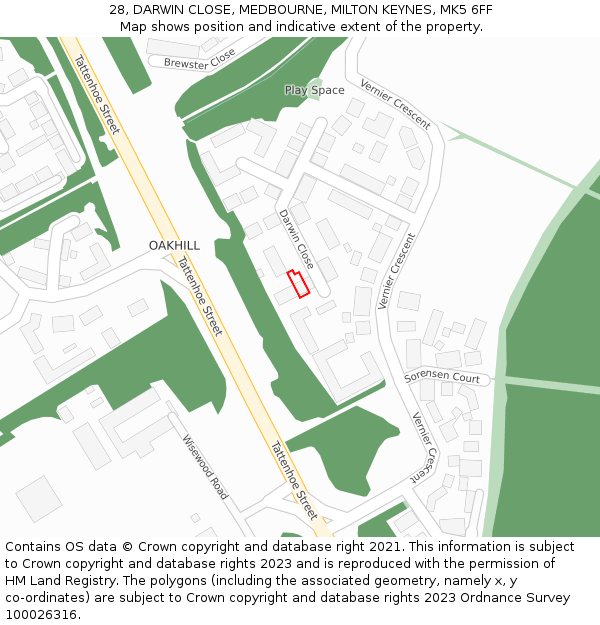 28, DARWIN CLOSE, MEDBOURNE, MILTON KEYNES, MK5 6FF: Location map and indicative extent of plot