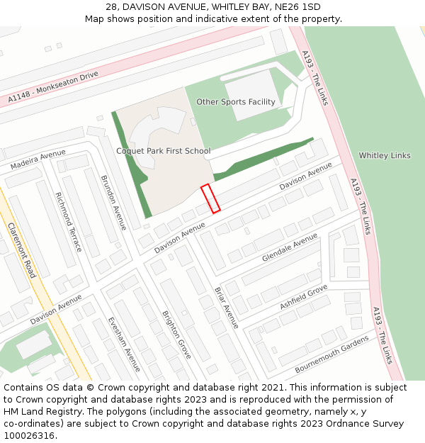 28, DAVISON AVENUE, WHITLEY BAY, NE26 1SD: Location map and indicative extent of plot