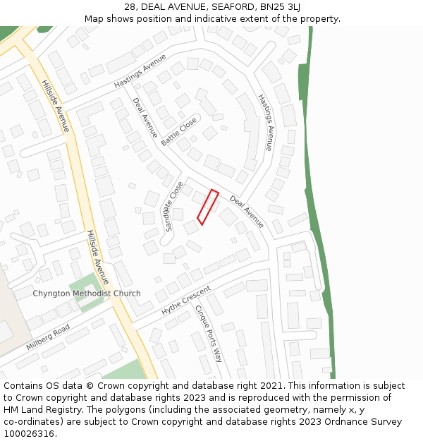 28, DEAL AVENUE, SEAFORD, BN25 3LJ: Location map and indicative extent of plot