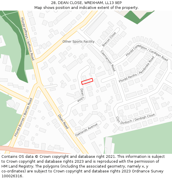 28, DEAN CLOSE, WREXHAM, LL13 9EP: Location map and indicative extent of plot