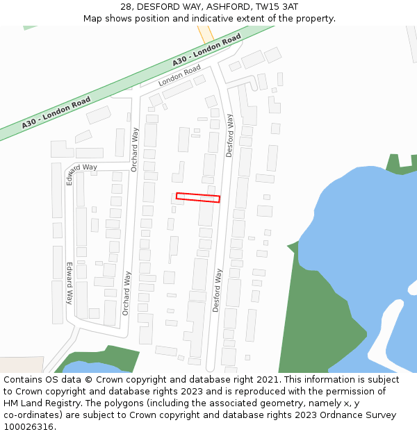 28, DESFORD WAY, ASHFORD, TW15 3AT: Location map and indicative extent of plot