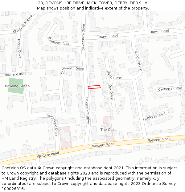 28, DEVONSHIRE DRIVE, MICKLEOVER, DERBY, DE3 9HA: Location map and indicative extent of plot