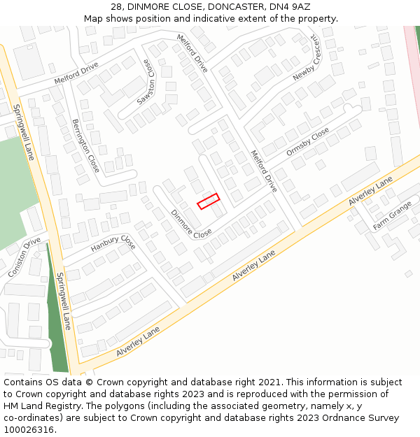 28, DINMORE CLOSE, DONCASTER, DN4 9AZ: Location map and indicative extent of plot