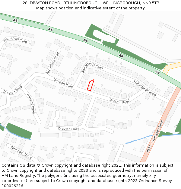 28, DRAYTON ROAD, IRTHLINGBOROUGH, WELLINGBOROUGH, NN9 5TB: Location map and indicative extent of plot