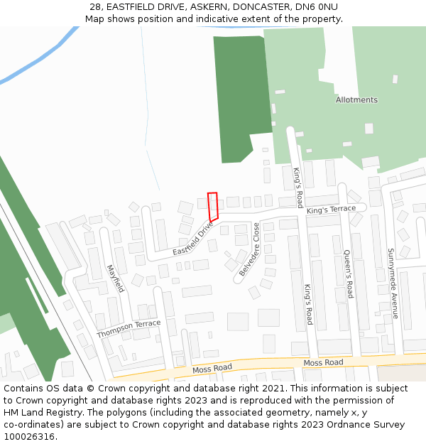 28, EASTFIELD DRIVE, ASKERN, DONCASTER, DN6 0NU: Location map and indicative extent of plot