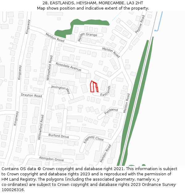 28, EASTLANDS, HEYSHAM, MORECAMBE, LA3 2HT: Location map and indicative extent of plot