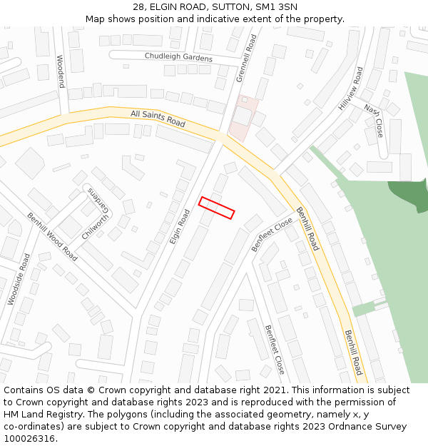 28, ELGIN ROAD, SUTTON, SM1 3SN: Location map and indicative extent of plot