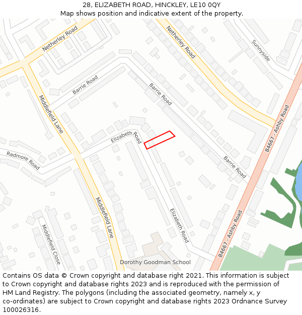 28, ELIZABETH ROAD, HINCKLEY, LE10 0QY: Location map and indicative extent of plot