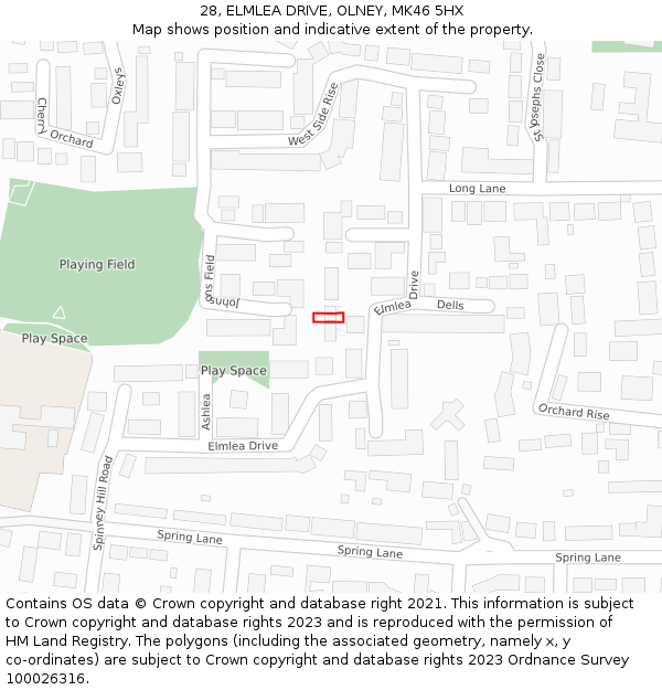 28, ELMLEA DRIVE, OLNEY, MK46 5HX: Location map and indicative extent of plot