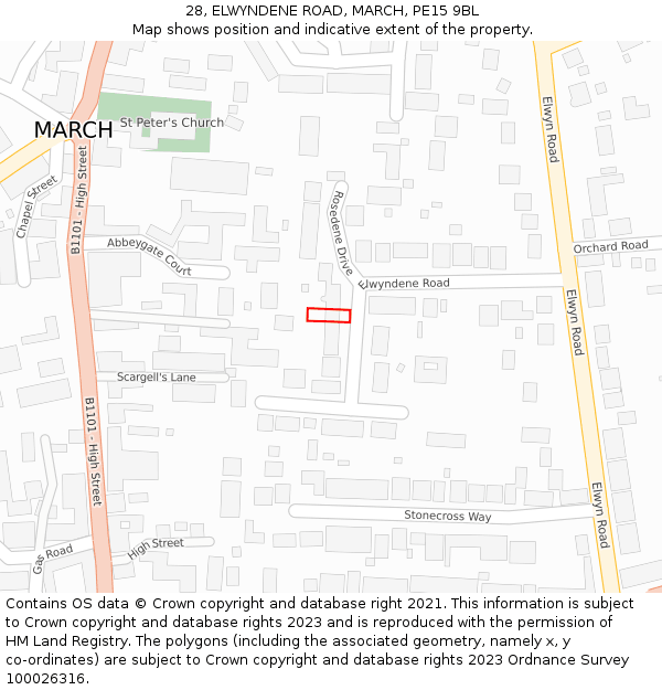 28, ELWYNDENE ROAD, MARCH, PE15 9BL: Location map and indicative extent of plot