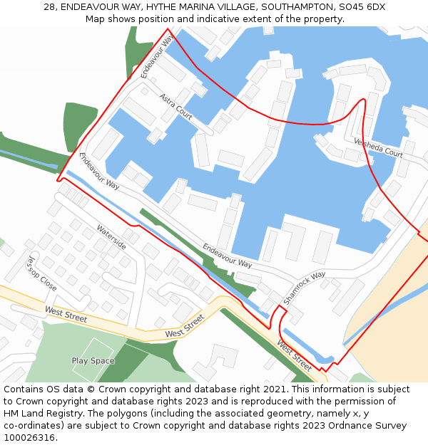 28, ENDEAVOUR WAY, HYTHE MARINA VILLAGE, SOUTHAMPTON, SO45 6DX: Location map and indicative extent of plot