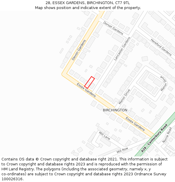 28, ESSEX GARDENS, BIRCHINGTON, CT7 9TL: Location map and indicative extent of plot