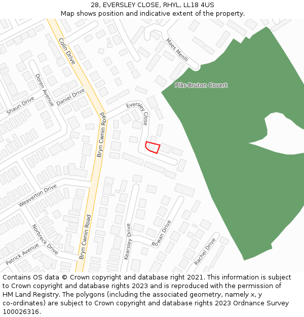 28, EVERSLEY CLOSE, RHYL, LL18 4US: Location map and indicative extent of plot