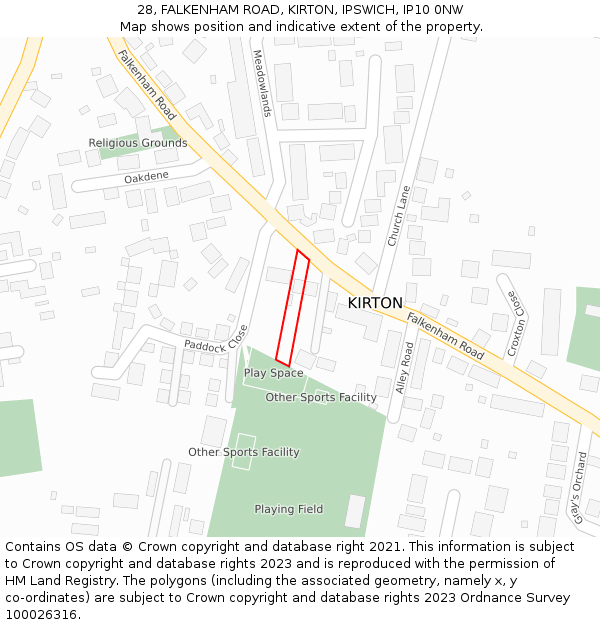 28, FALKENHAM ROAD, KIRTON, IPSWICH, IP10 0NW: Location map and indicative extent of plot